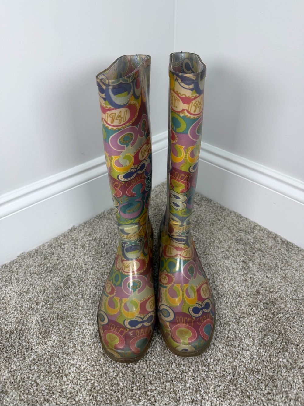 Coach Poppy Signature Logo Print Rain Boots Women’s Size 7 Multicolor Rubber